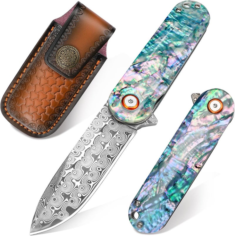 Zingbee Damascus Pocket Knife with Sheath 2.95" Damascus Steel Blade Folding Knife with Abalone Shell Handle EDC Pocket Knives for Men Women Outdoor Indoor Camping - Image 1